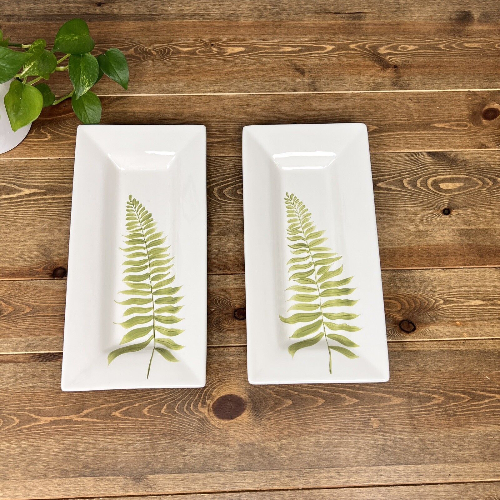 Pottery Barn FERN Appetizer Serving Platter Tray Ceramic Party Plate Set Of 2