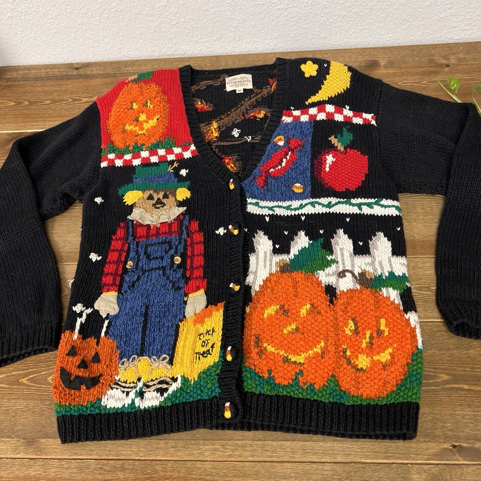 Susan Bristol Halloween Sweater 1995 Trick-or-Treat Fall Pumpkin M Vintage