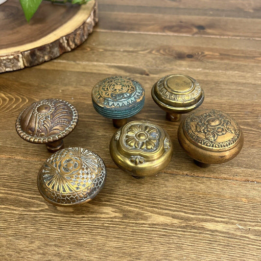 Antique Brass Door Knobs Ornate Art Nouveau Deco Lot of 6 Square Spindle Holes