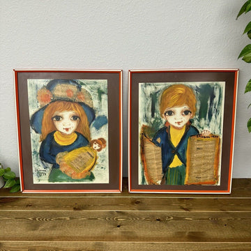 Vintage 1974 ROGER ETIENNE Big Eyes Boy & Girl Framed Mixed Media Art Paintings