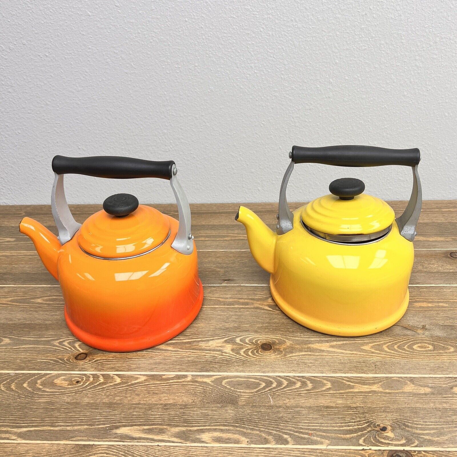 2 Le Creuset Yellow & Orange 2.2 Quart Tea Kettles Teapots (see description!)