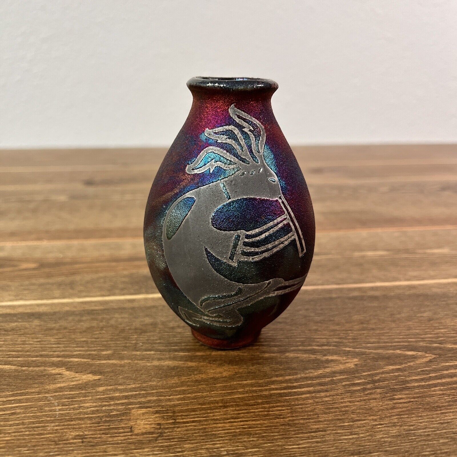 STEPHAN ROY 5" Tall Iridescent Green/Copper Kokopelli Raku Pottery Vase Signed