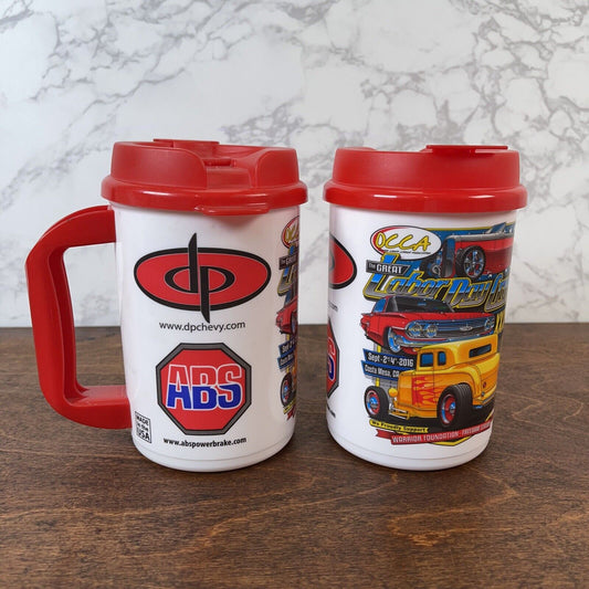 (2) Whirley Travel Mugs Classic Car Hot Rods 2016 Labor Day Cruise OC