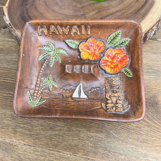 Tiki Treasure Craft Hawaii Brown Orange Flower Ashtray Bar Decor Vintage