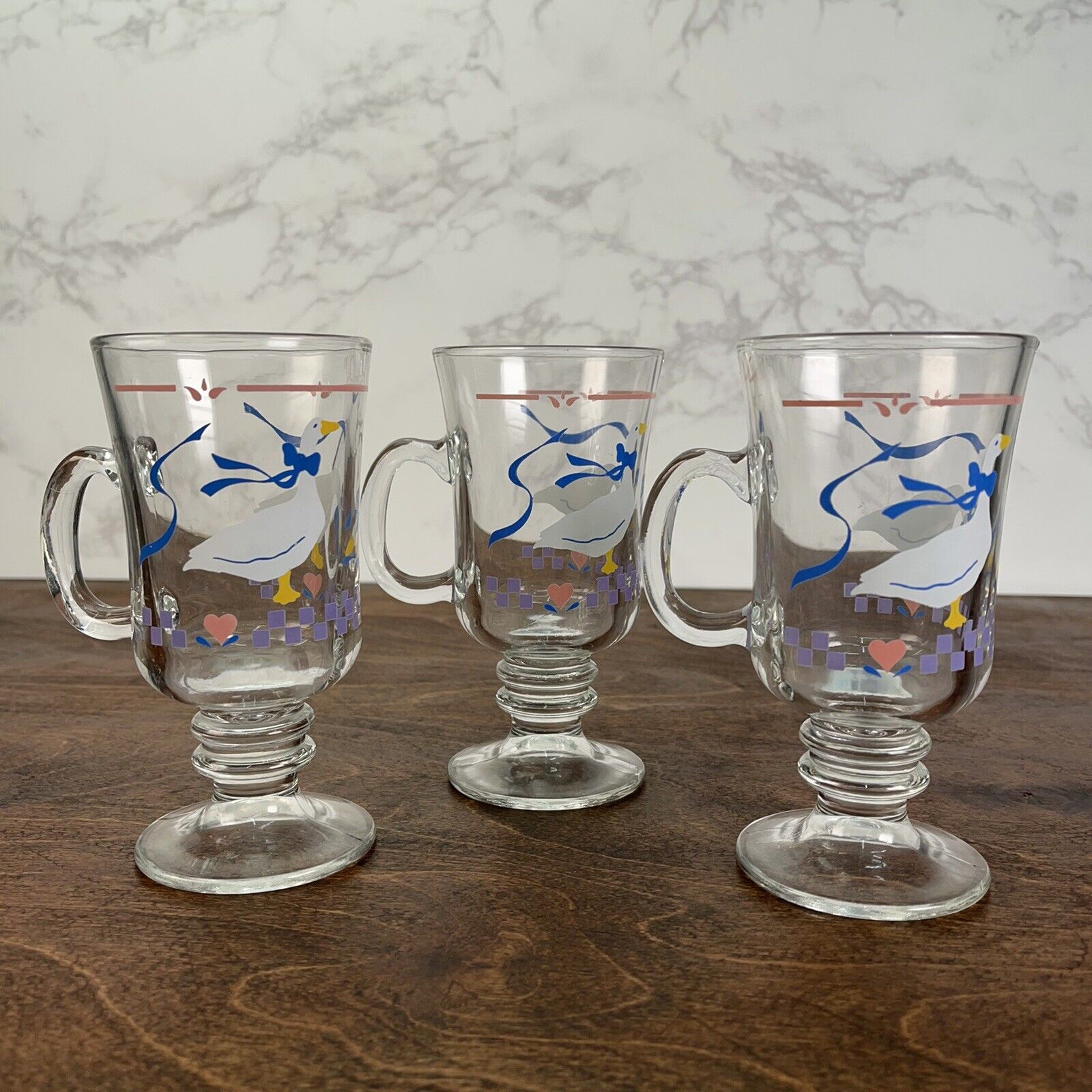 Vintage 80s Set of 3 Goose Iris Coffee Mug Glass By Libbey Geese at 6” Tall