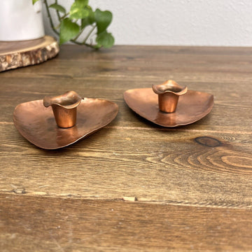 Lot of 2 Vintage House of Copper Hammered Metal Candlestick Holders Triangle