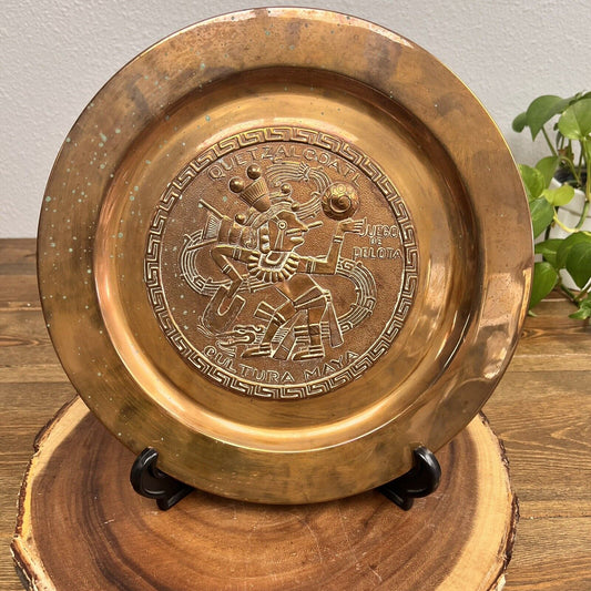 Vintage Mayan Juego De Pelota Chincultic Mexican Copper Wall Plate 11"