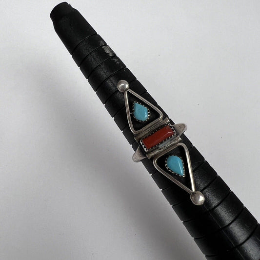 Vintage Navajo Sterling Silver Teardrop Turquoise Coral Ring Size 4.5