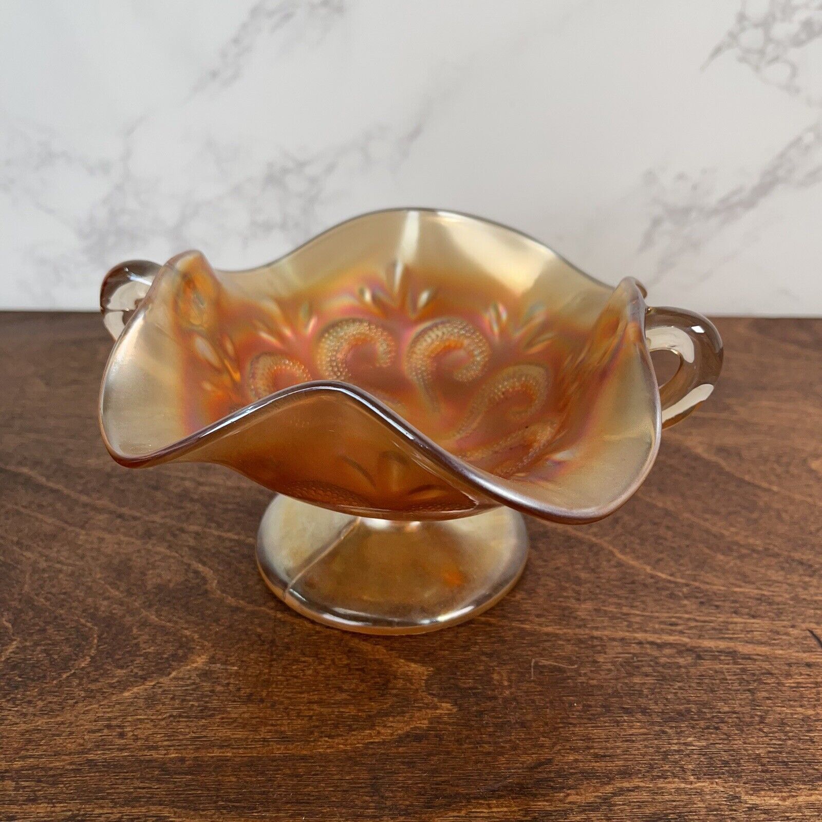 Vintage Carnival Amber Question Marks Glass Bowl