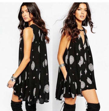 Free People Medallion Print Tree Swing Dress S Black Boho Crinkle Tent