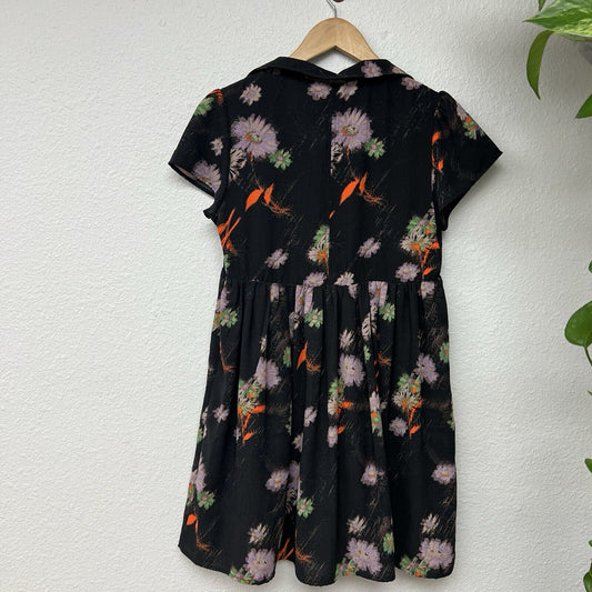 Urban Outfitters Babydoll Midi Dress Size Small Petite  Black Floral Collared