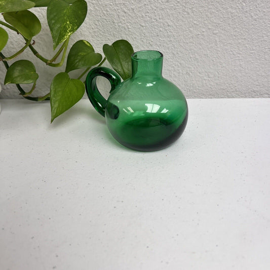 Studio Art Glass Hand Blown Green Applied Handle Vintage 3 1/2" Carafe Vase 1950