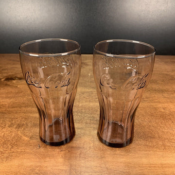 Set of 2 Amber Vintage Coca-Cola Classic Drinking Glasses Embossed