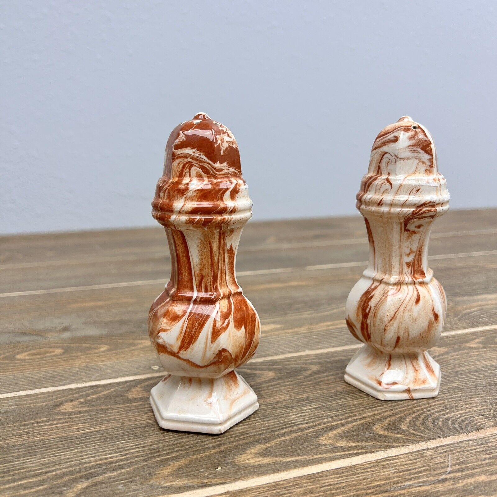 Vintage Alaska Clay By Carol Salt & Pepper Shakers Cream & Brown Marble Swirl