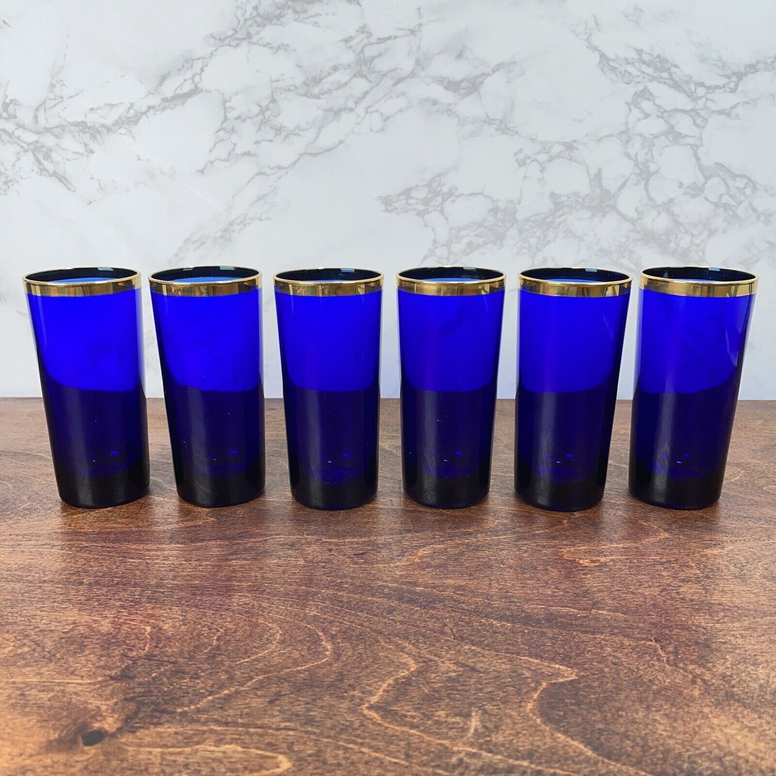 Set of 6 Reims France Cobalt Blue Gold Trim Iced Tea Highball Glasses