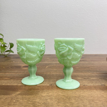 Vintage Mosser Jadeite "Madonna Rose" Pattern Madonna Inn Goblet Set Of 2 VTG