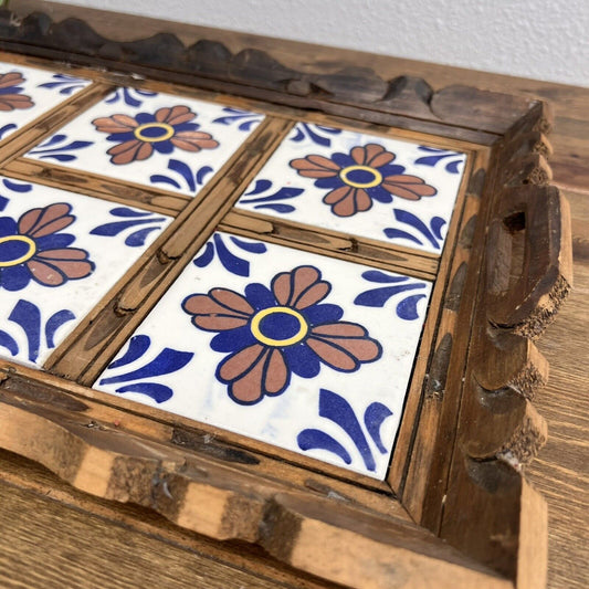 Vintage Mexican Hand Carved Wood and Tile Serving Tray