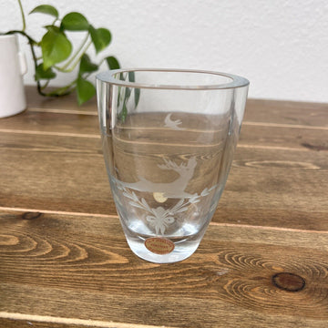 Vintage Orrefors Clear Crystal Etched Art glass Vase Sweden Deer Signed