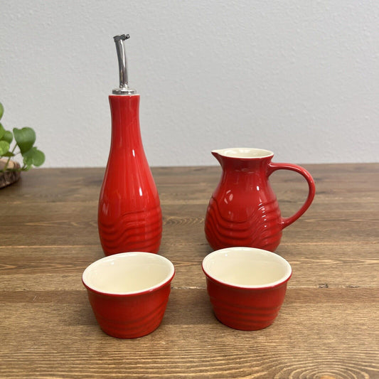 Le Gourmet Chef Red Pottery Pitcher, Oil Bottle & 2 Small Ramekins Red