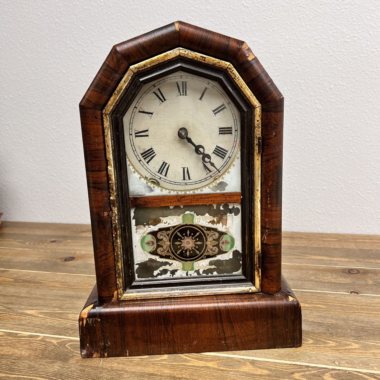 Antique New Haven Wood Mantel Clock, Gem Cottage For Parts Or Repair