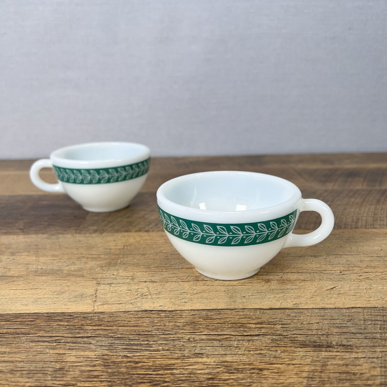 Corning Ware Decor Cup Leaf Green Stripe 701-7 Made in USA Milk Glass Set Of 2