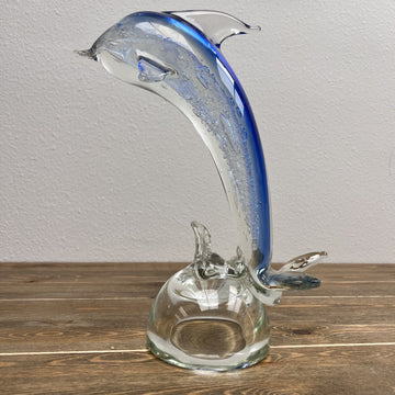 Dolphin Blown Art Glass Sculpture 12.5" Tall Gorgeous Details in Blue & Clear