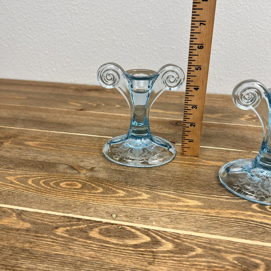 Vintage Fostoria Versailles Blue Pair Scroll Candle Holders Set Of 2 Vintage