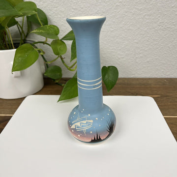 Native American Hozoni Pottery Trumpet Vase Hand Painted Blue Southwestern 7"