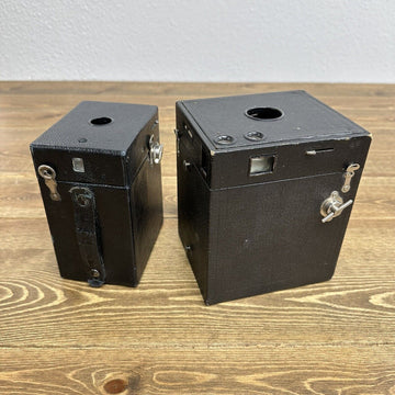 2 Antique Box Cameras Eastman Kodak Leather Brownie No.8 & Rainbow Hawk-Eye No.2