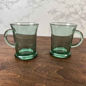ANCHOR HOCKING FOOTED GREEN CAFE COFFEE MUGS Set Of 2
