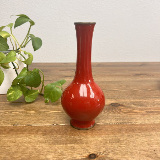 Vase Vintage Korean Red Enamel Over Brass Mother Of Pearl Inlay Vase Vintage