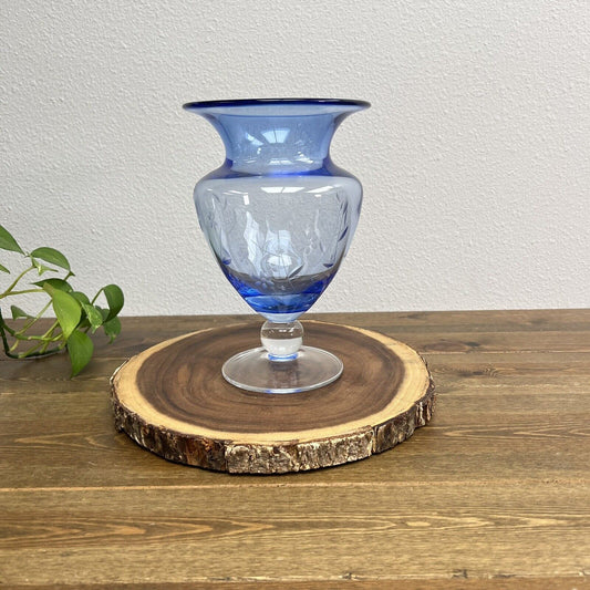 Blue Etched Glass Pedestal Vase 10 inch Tall ~ Beautiful floral