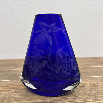 Gorgeous Designs Cobalt Blue Cased Wedge Shape Art Glass Tapered Rocking Vase