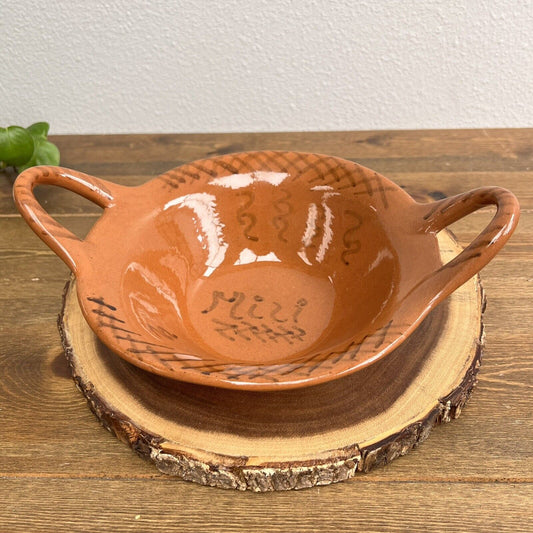 Vintage Handmade & Painted Mexican Red Clay Pottery Serving Bowl With Handles