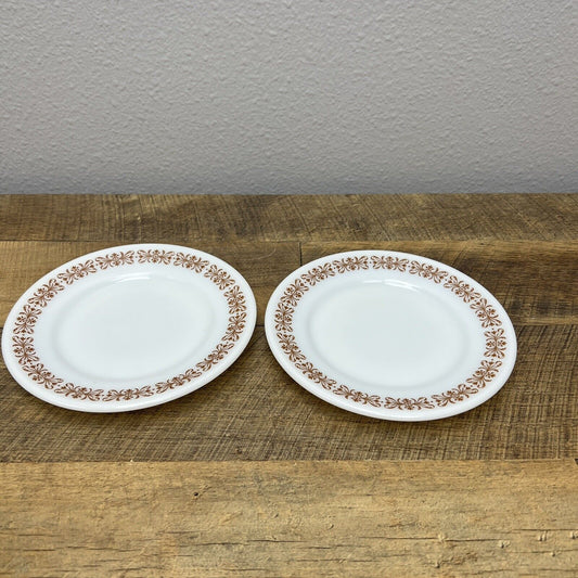 Set of 2 Pyrex Milk Glass Copper Filigree Brown Scroll rim 704-35 Bread Plates