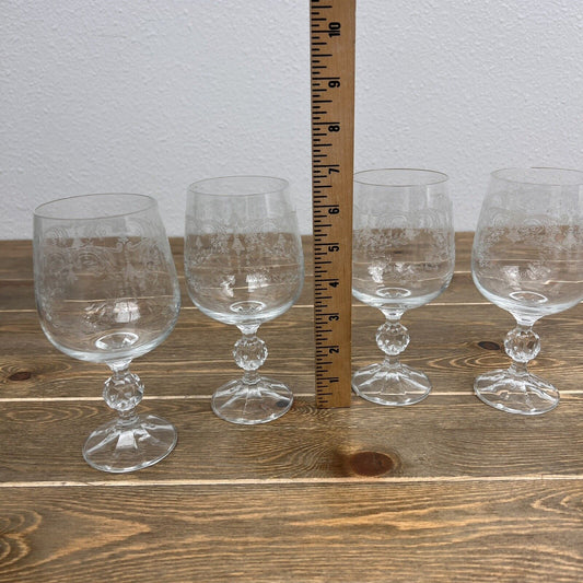 4 Bohemian Fine Crystal Cordial Glasses Lace Pattern Faceted Ball Stem Etched