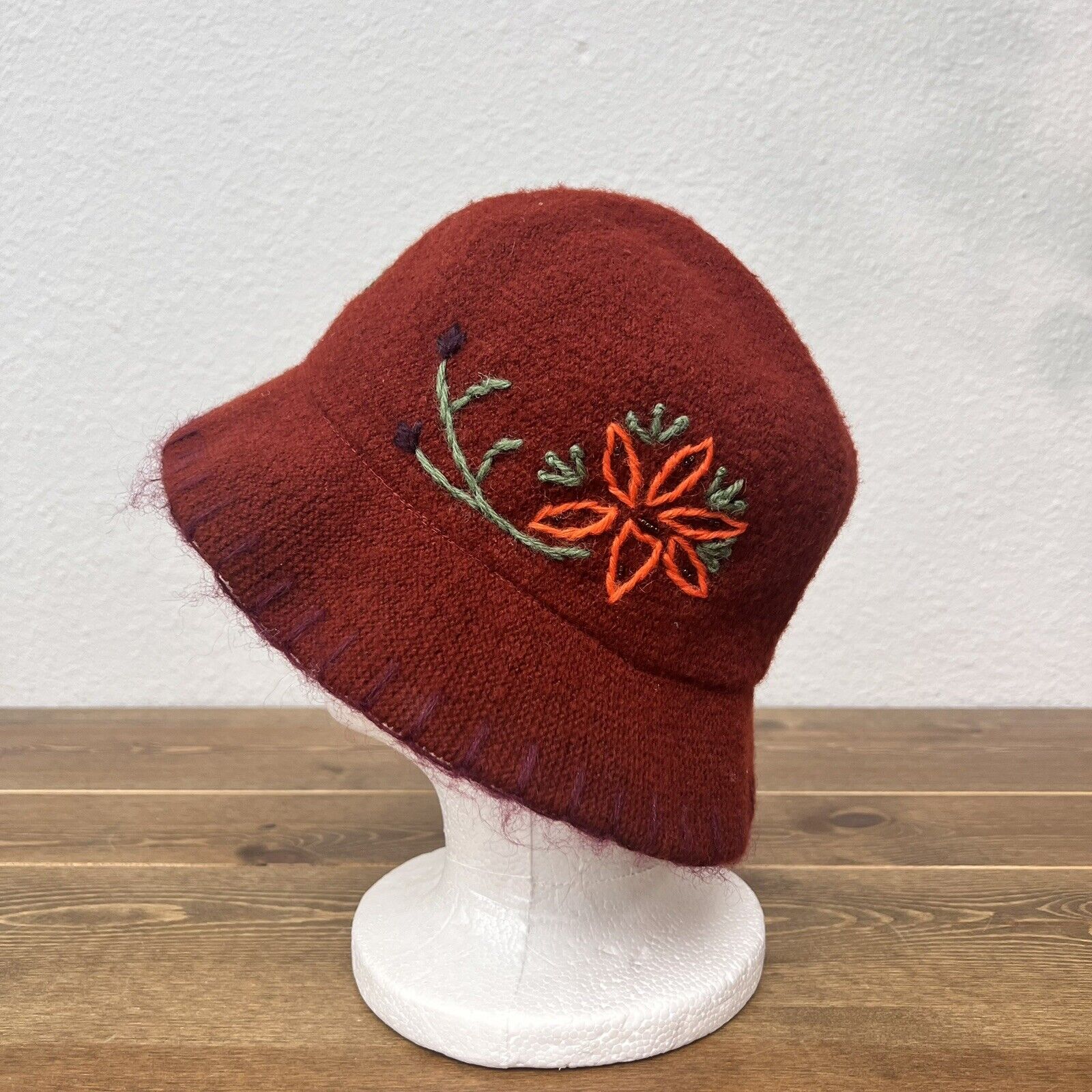 Gap Bucket Hat Wool Blend Warm Maroon Flower Floral Y2K Embroidery Beaded