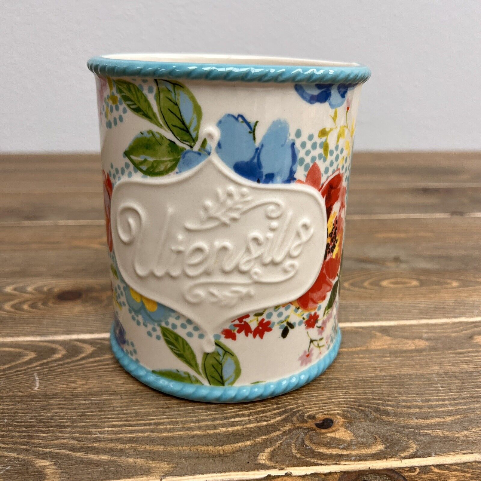 Pioneer Woman Melody Stoneware Utensil Holder Turquoise Blue Floral