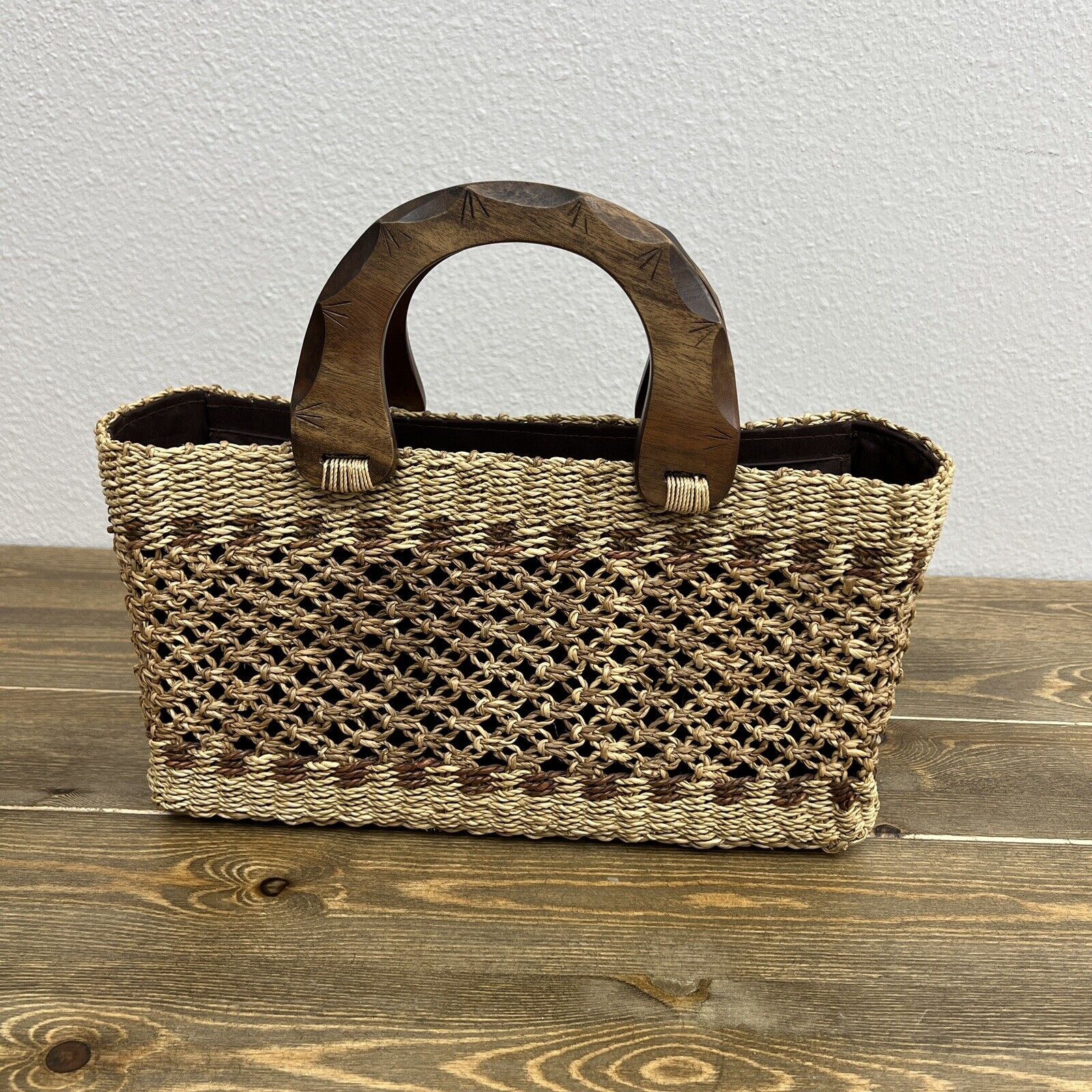 Raffia Straw Purse Handbag With Wooden Handles