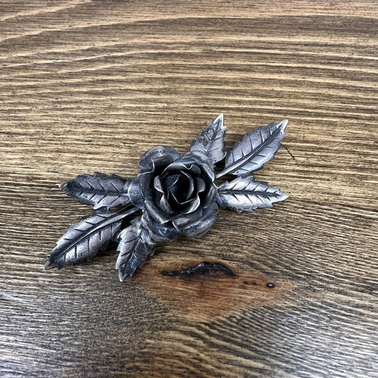 Vintage Sterling Silver Large Rose Flower With Leafs Pin Brooch