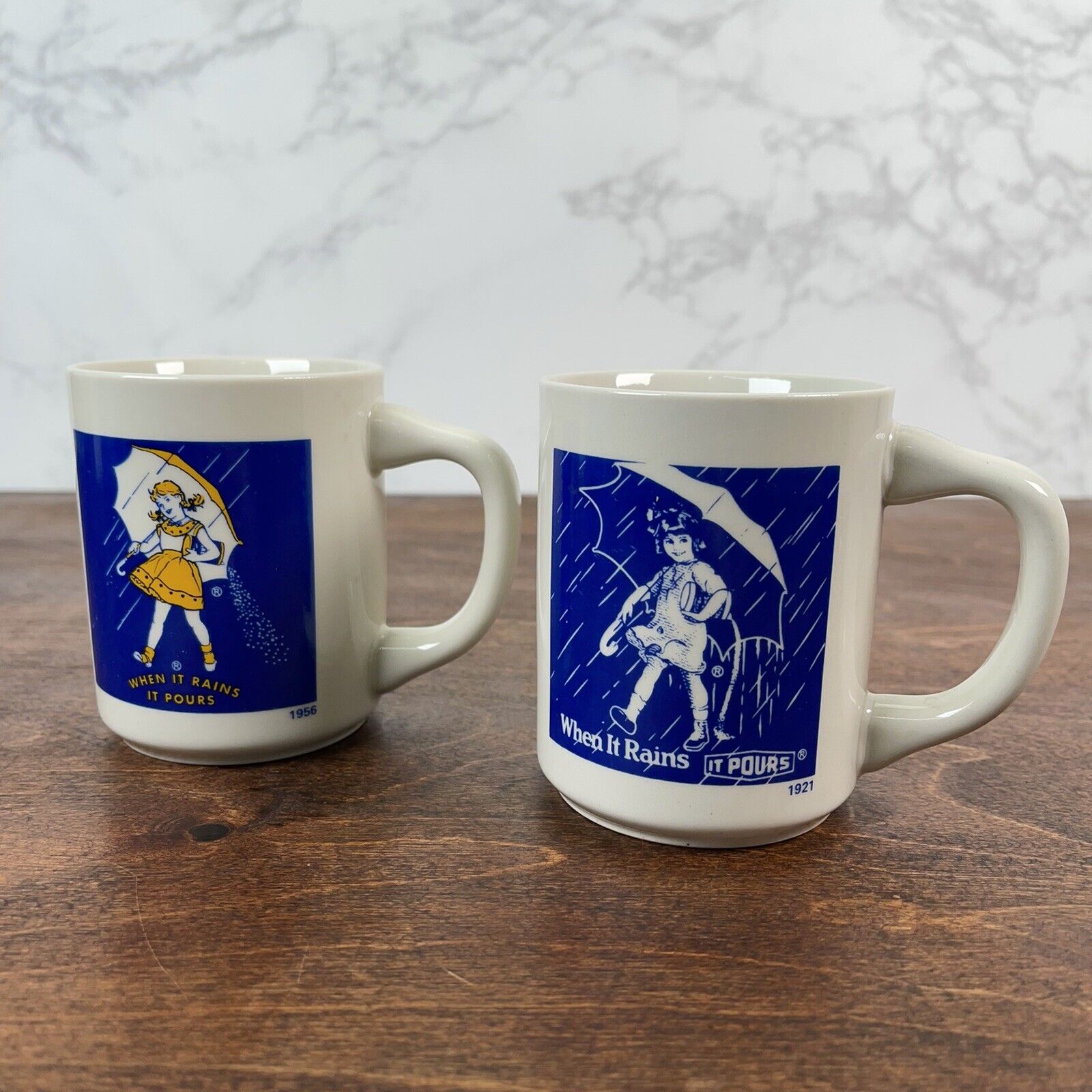 Morton Salt When It Rains It Pours Mugs Vintage Set Of 2 - 1921 / 1956