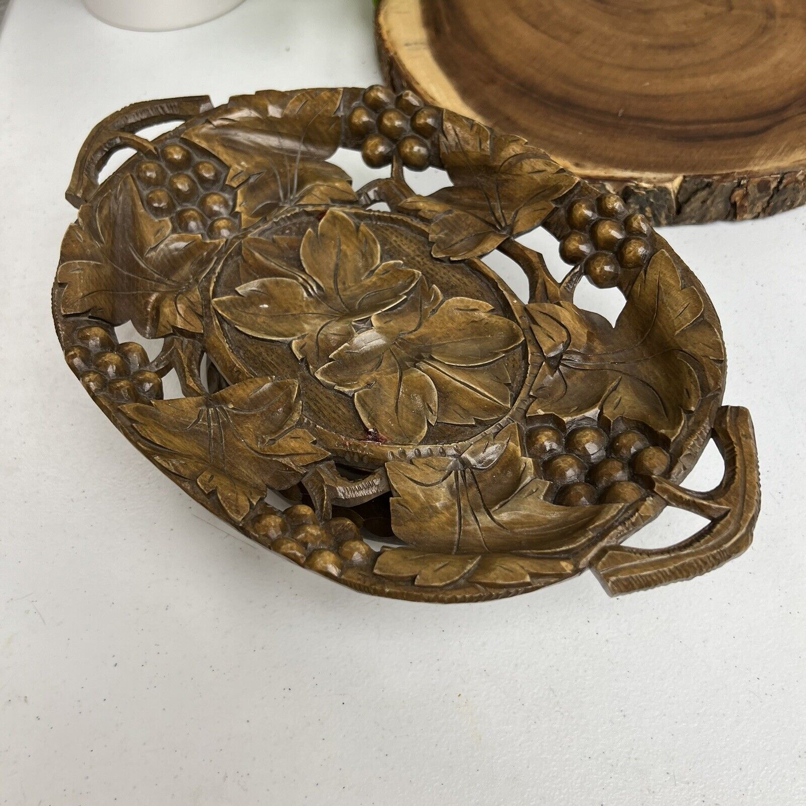 Vintage Musical Carved Wooden Fruit Dish with Vine Leaf and Grape Pattern