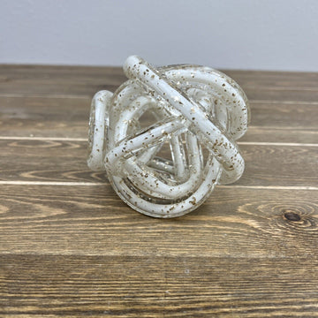 Hand Blown Art Glass Abstract Twisted Rope Knot Sculpture White w Silver Flecks