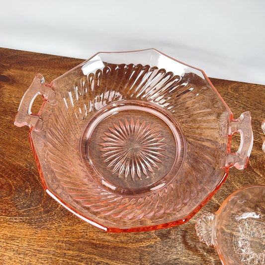 PINK DEPRESSION IMPERIAL GLASS TWISTED OPTIC HANDLED SERVING BOWL Set Of 3