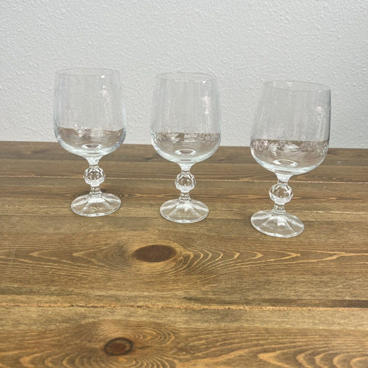 Bohemia Crystal Etched Cascade Vintage Wine Glasses Goblets Ball Stem Set 3