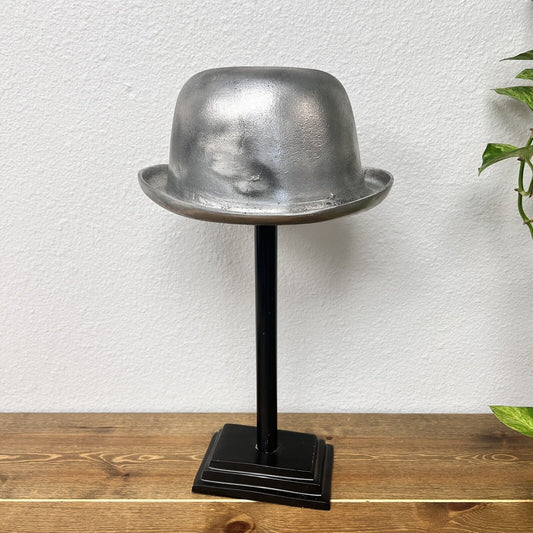 Cast Metal Bowler Hat Block Form Mold Repro Sculpture on Stand Vintage