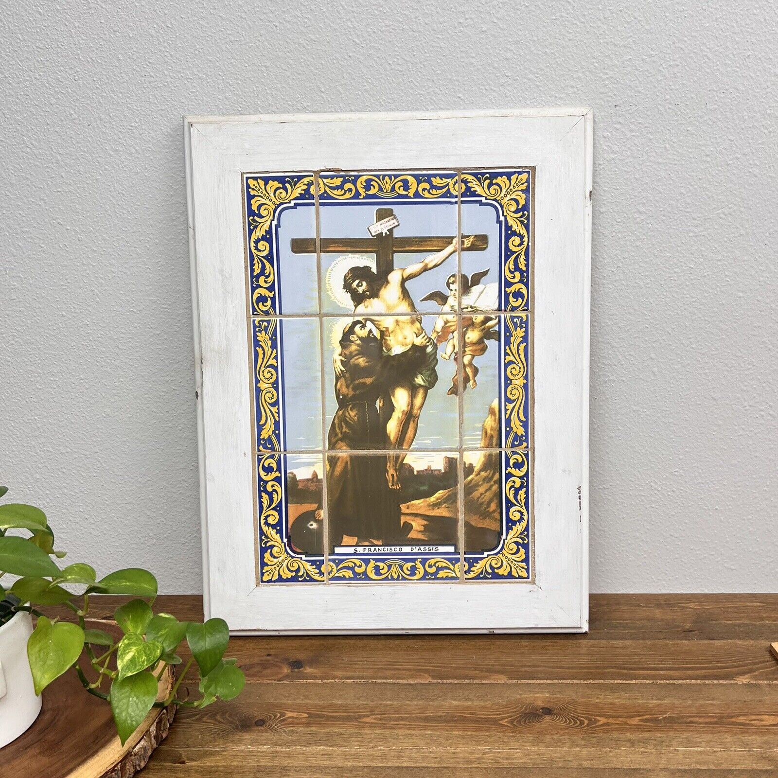 Vintage Saint Francis of Assis Painted Tile  Religious