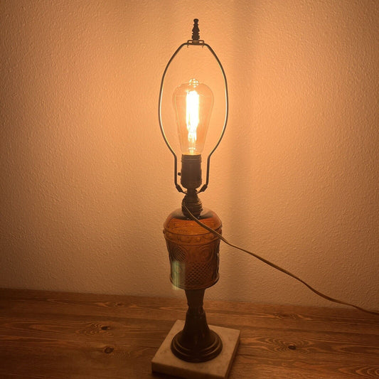 Vintage Early American Oil Lamp Amber Glass Conversion into Light Bulb Lamp