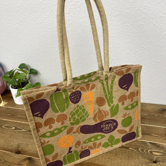 Trader Joe's Reusable Jute Burlap Shopping Tote Bag Vegetable Print