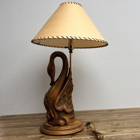 Vintage 1988 Swan Sculpture 30" Carved Heavy Oak Wood Table Lamp Bella Lighting